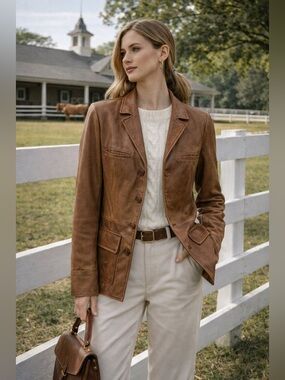 Vintage Mossimo Genuine Leather Blazer Brown Button Front Jacket S